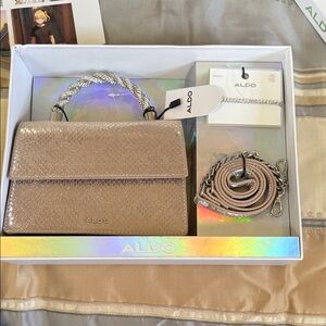 ALDO Gold Metallic Mini Crossbody Set • Bag + Bracelet + Chain Strap NEW w box